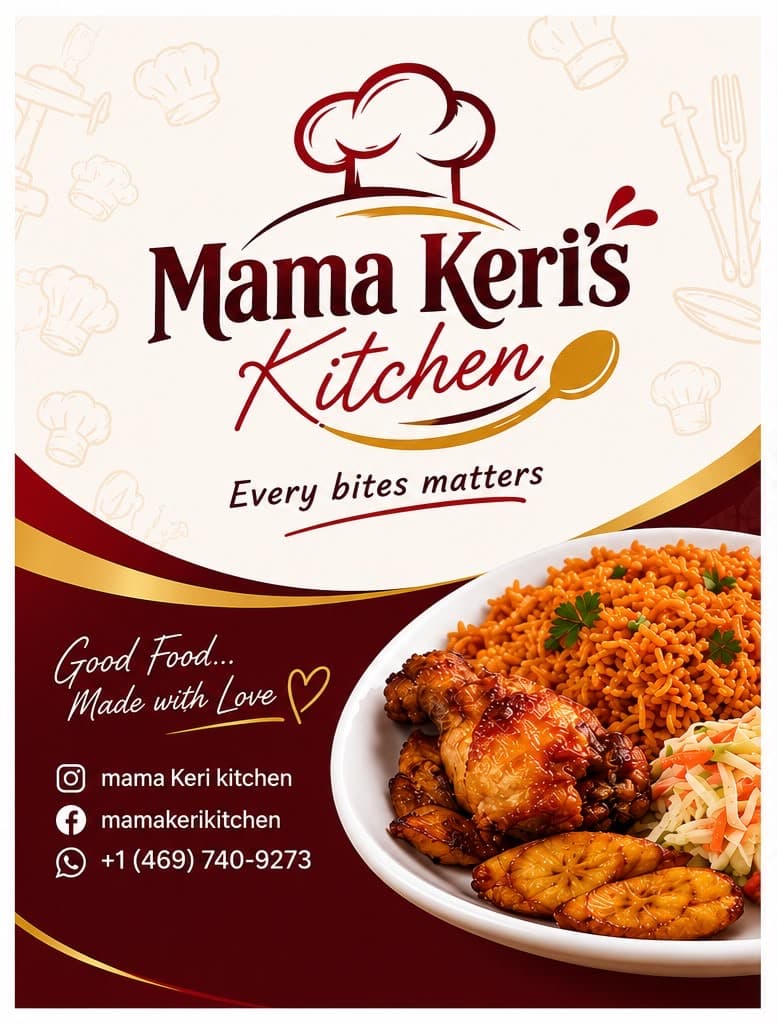 A plate of Nigerian jollof rice with fried chicken, plantain, and coleslaw from Mama Keri Kitchen