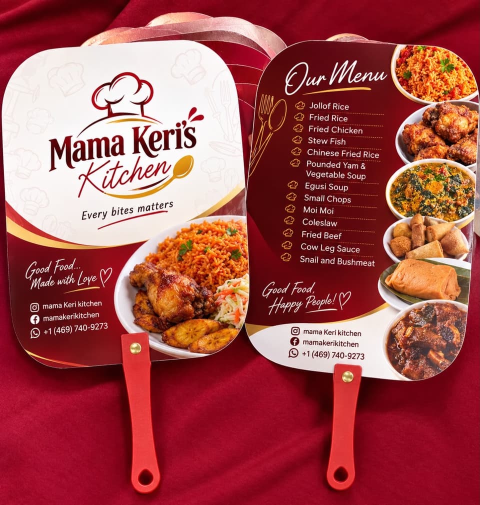 Mama Keri Kitchen handheld menus showing homemade Nigerian plates